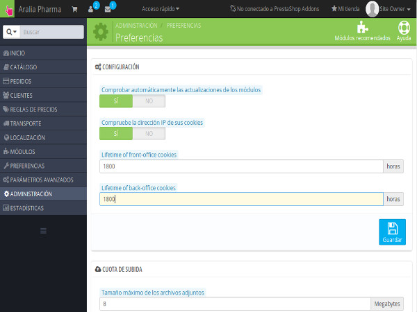 tiempo de vida de la sesion en Prestashop