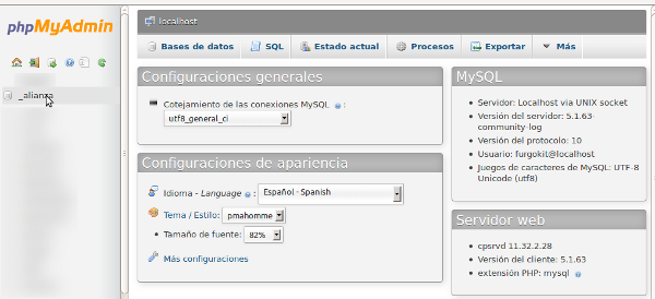 seleccionar base de datos phpmyadmin